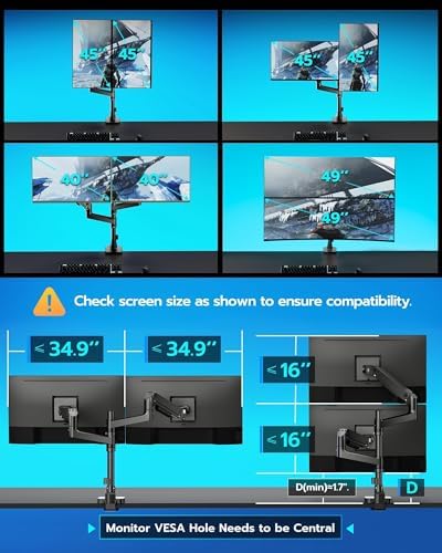ARES WING Stacked Dual Vertical Monitor Arm with USB A/C for 17 to 49 Inch