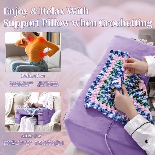 HOMBYS Adjustable Foam Crochet Pillow for Lap Support, Soft Velvet Reading & Gaming Pillow with Side Pocket and Elastic Band, Desk Cushion for Sofa, Bed & Floor, Heights for Adjusting (Purple)