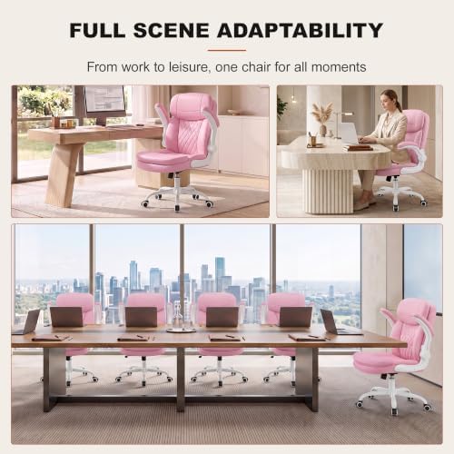 Leather Office Chair, Pink Computer Desk Chair with Dual Back Support