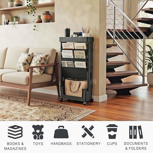 5-Tier Rolling Bookshelf Magazine Rack with Wheels Black