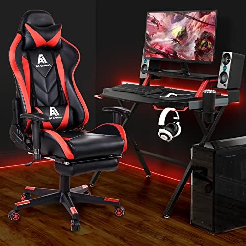 Gaming High Back Ergonomic Computer Racing Chair - Adjustable Office With Footrest, Lumbar Support, Swivel - Upgraded Version BlackRed