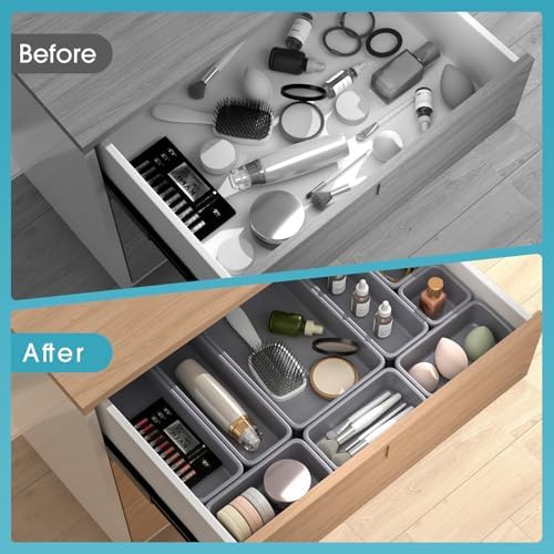 16 PCS Drawer Organizer Set, 4 Size Makeup Drawer Divider Organizer With Non-Slip Pads, Interlocking Plastic Storage Bins for Office,Jewelry Vanity,Gadgets, Bathroom,Kitchen, Grey