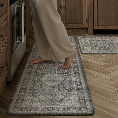 Anti Fatigue Black Grey Vintage Non-Slip Kitchen Mat 2 Piece