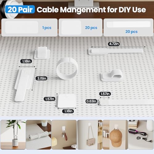 Cable Management Under Desk, 【Up to 15 Cord】【Enhanced Wire Holder】 Reusable Cord Organizer Holder, Adjustable Hook and Loop Cable Ties, Wire Clips Under Table Hider, 20 Pair(White)