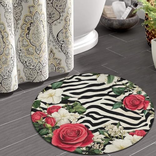 Room Sofa Yoga Soft Round Carpet, Home Decor Non Slip Kitchen Office Circle Rug, Machine Washable Modern Round Area Rug Cheetah Leopard Zebra Print Floral Black and White, 24inch