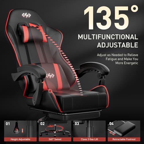 HLDIRECT Gaming Chair with Footrest, Lumbar Support & Headrest, Black&Red