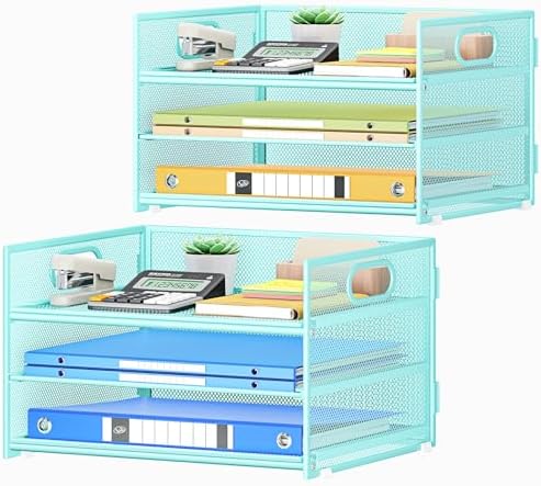 Paper Organizer with Handle,2P-3 Tier Blue Desk Organization Set