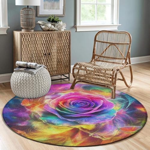 Room Sofa Yoga Soft Round Carpet, Home Decor Non Slip Kitchen Office Circle Rug, Machine Washable Modern Round Area Rug Trippy Tie Dye Rose Colorful Art, 24inch