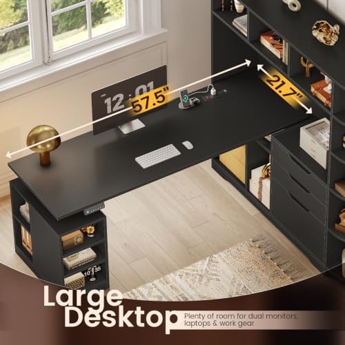 SEDETA 59" L Shaped Standing Desk with 3 Drawers Storage and Bookshelves