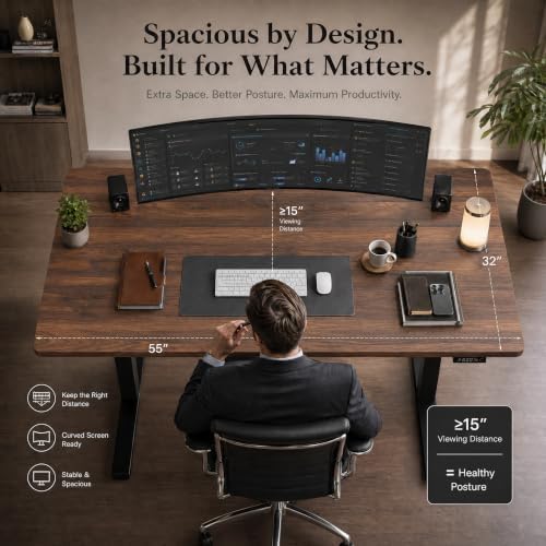 Grandder 55x32 Large Electric Standing Desk, Height Adjustable Computer Desk with 2 Memory Presets, 31.5" Deep Desktop Sit Stand Desk Home Office Desk Workstation Table with Hooks, Walnut
