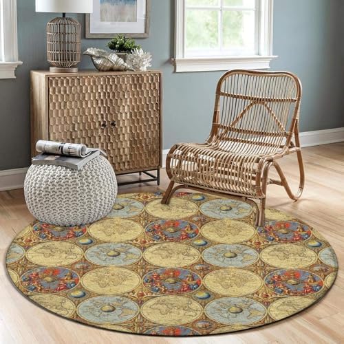 Soft Round Yoga Carpet, Large Home Decor Mat, Non-Slip Machine Washable Kitchen Office Circle Rug Compatible with World Map