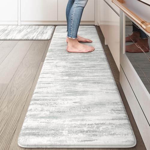 KIMODE Kitchen Mats Cushioned Anti Fatigue,Abstract Grey Farmhouse Rugs Set
