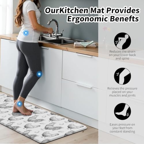 Farmhouse Chicken Kitchen Decor Mat, Cushioned Anti Fatigue Non-Slip