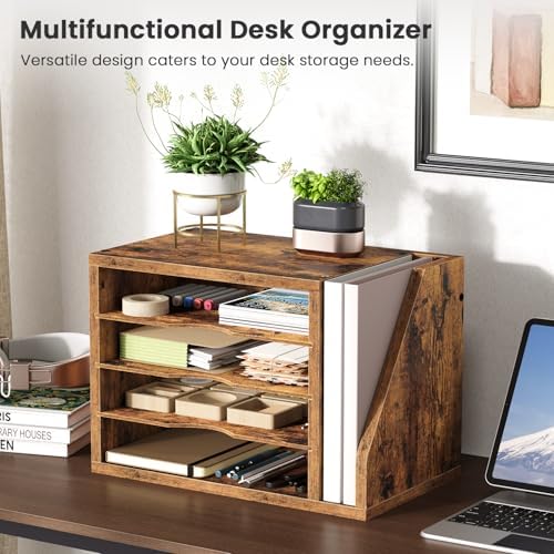 Wooden Mail Organizer, Desk Organizer with 3 Adjustable Shelves