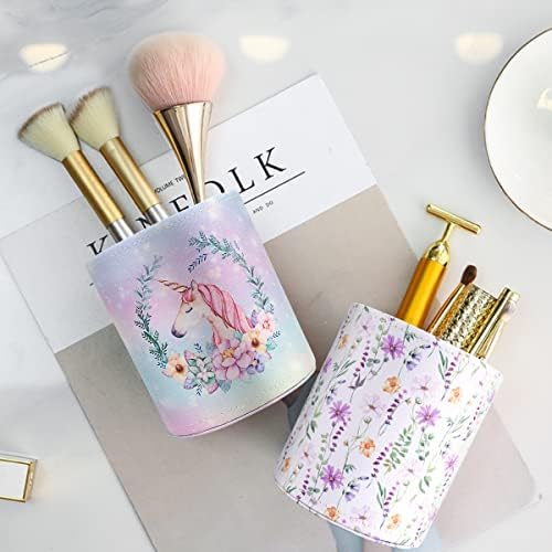 Pen Holder, Makeup Brush Holder Leather Cute Vintage Flowers Pattern Pencil Cup for Girls Kids Women Durable Stand Desk Organizer Storage Gift for Office, Classroom, Home, Cute Flower