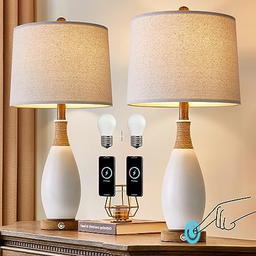 OYEARS 24.5” 3-Way Dimmable Touch Control Bedside Table Lamp Set of 2 with USB and Type-C Charging Ports Modern Farmhouse Nightstand Lamp for Bedroom Living Room (Bulb Included)