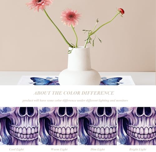 Shrahala Halloween Watercolor Skull Set Of 4 12 X 18 Inch Linen Placemats , Purple Blue Gothic Butterflies Flowers Burlap Table Mat Washable Double Layered Heat Insulation For Indoor/Outdoor