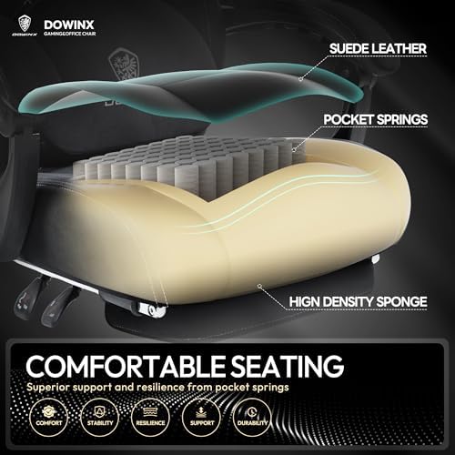 Dowinx Fabric Gaming Chair with Heated Massage Lumbar Support, Game Chairs for Adults, Big and Tall Gamer Chair with Pocket Spring Cushion, High Back PC Chairs with Footrest, Black
