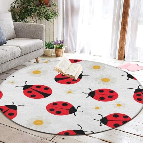 Soft Round Yoga Carpet, Large Home Decor Mat, Non Slip Machine Washable Kitchen Office Circle Rug Red Cartoon Ladybug Pattern