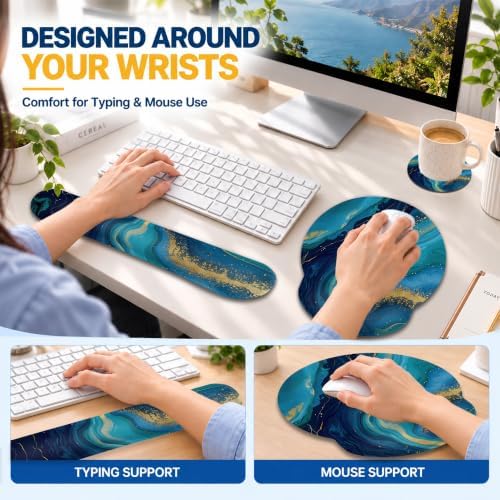 Blue Gold Marble Mouse Pad with Wrist Rest, Keyboard Support and Coaster