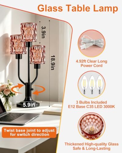 Lightdot Mid Century Modern Table Lamp Red Glass Dimmable 3 Bulbs Included