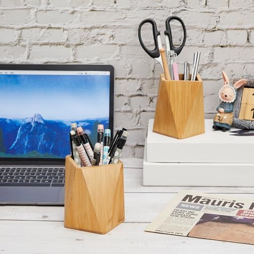 Henoyso 2 Pcs Bamboo Pen Holder Geometric Pencil Cup Stand Makeup Organizer