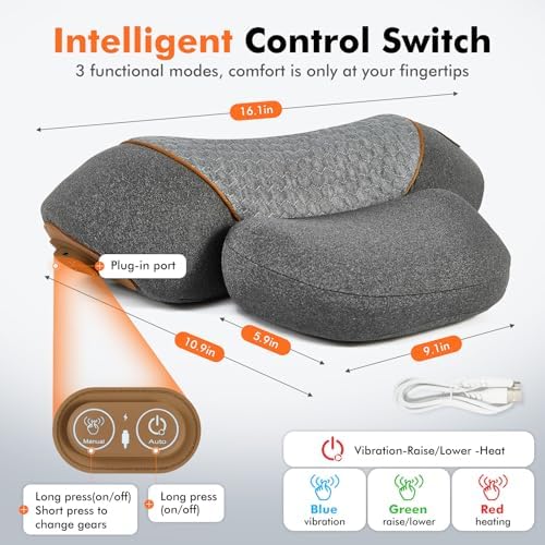 3-in-1 Rechargeable Wireless Heating Neck Massage Pillow—Relieves Neck Pain; Combines Heat Therapy, Massage, and Stretching Functions in One Ergonomic Neck and Shoulder Relaxer (Gray)