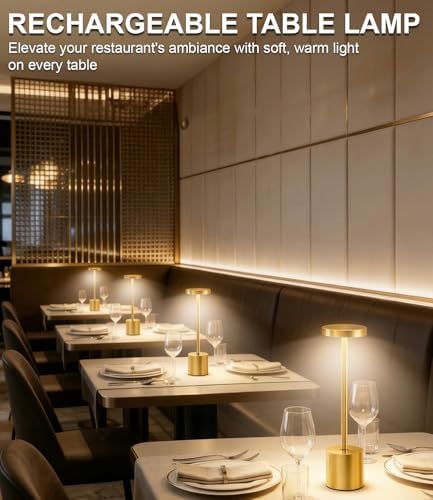 Swinerton Gold Cordless Table Lamp Set, 5000mAh Rechargeable Battery Operated Desk Lamp Wireless Table Light, 3 Color Dimmable Touch Lamp for Restaurant Dining Patio, Home/Apartment Decor