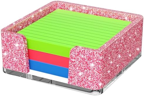 Sticky Note Holder, Glitter Pink Acrylic Notepad Holder 3x3 in Self-Stick Note Dispenser Office Desk Accessories, Memo Pad Holder Organizer for Classroom School Supplies