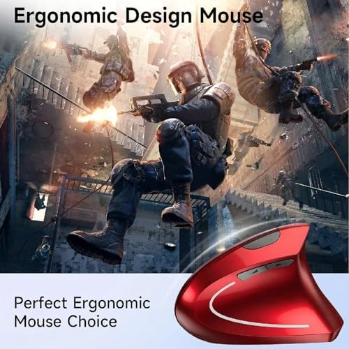 Ergonomic Vertical Wireless Mouse Stylish Rechargeable 2.4G Optical Mice Cordless Mouse with USB Receiver, 800/1200 /1600 DPI, 5 Buttons for Laptop,PC,Mac,Computer (Red)