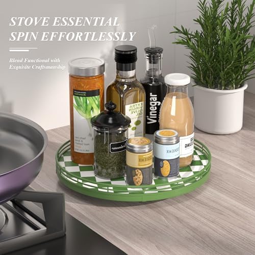 AMH 12-Inch Green and White Checkerboard Lazy Susan with Rubberwood Base