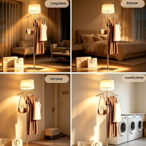 Gold Floor Lamp with Coat Rack, 3 Color Dimmable Standing Lamp with Hooks, Standing Floor Reading Light with Soft Linen, Freestanding Clothing Hanging Tall Lamp for Entryway Hallway Bedroom Apartment