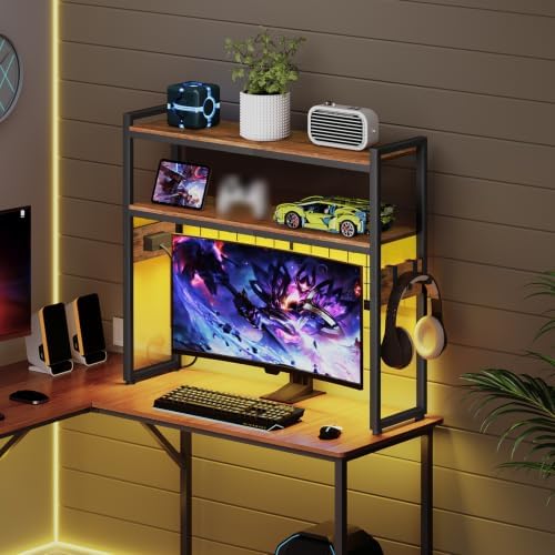 HOOBRO Desktop Bookcase, 2-Tier Desktop Organizer, 29.9" Wooden Office Storage Rack with Outlets, Display Shelf Rack with Light Strip, Desk Hutch for Office, Rustic Brown BF11UDSJ01