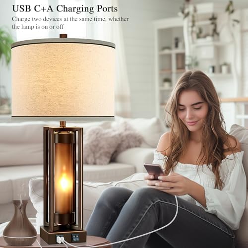Rustic Farmhouse Table Lamps for Living Room with USB C+A Ports