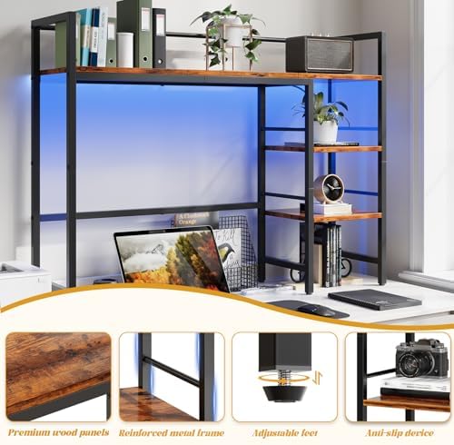 HavenlyYouth Desk Shelf with LED Light Strip, 3-Tier Storage Desktop Organizer Shelf, 38.6" Wood Desktop Bookshelf for Computer Monitor, Desk Hutch for Home Office Dorm, Rustic