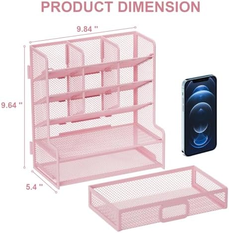 Marbrasse Larger Mesh Desk Organizer with Drawer, Multi-Functional Pen Pencil Holder, Easy Assembly, Desk Organizers and Accessories for Office Art Supplies (Pink)