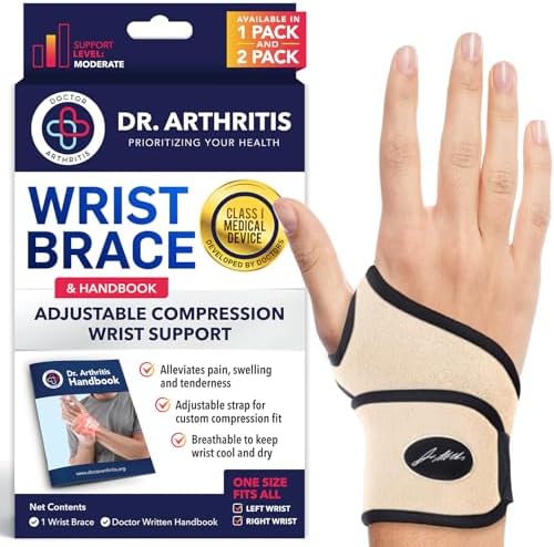 Doctor Developed Wrist Brace - Wrist wrap for Carpal Tunnel Arthritis,Tendonitis, Hand Support - Ideal for Fitness, Weightlifting - Handbook included (Nude, 1 Pack, Wrist Brace)