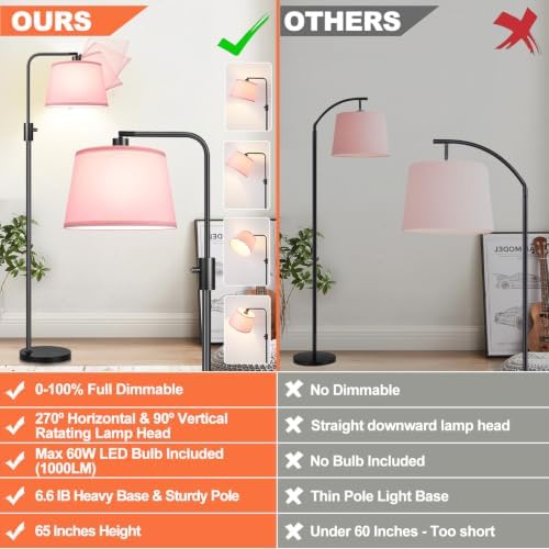 【Upgraded】 Dimmable Floor Lamp, 1000 Lumens LED Edison Bulb Included, Arc Black Floor Lamps for Living Room Modern Standing Lamp with Pink Shade, Tall Lamps for Living Room Bedroom Office Dining Room