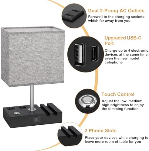 Touch Bedside Table Lamp for Bedroom, 3-Way Dimmable, USB C+A, 2 AC Outlets
