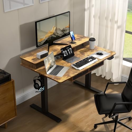 48 * 30 Inches Electric Standing Widened Desk Adjustable Height with 4 Drawers, Double Storage Shelves Stand Up Desk, Home Office Workstation Sit Stand up Desk (Rustic Brown)
