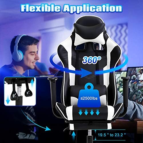 PC Gaming Chair High Back Executive Office Chair Pu Leather Computer Chair Racing Lumbar Support Slide-Out Footrest Adjustable Swivel Video Game Chair,White…