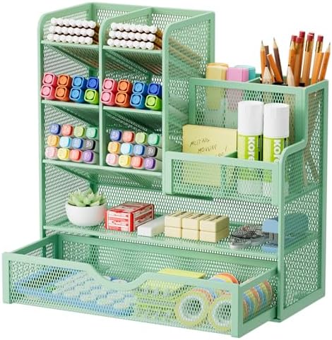 Marbrasse Mesh Pen Holder for Desk, Multi-Functional Pencil Organizer with Drawer, Desk Organizers and Accessories for Office Art Supplies (Green)