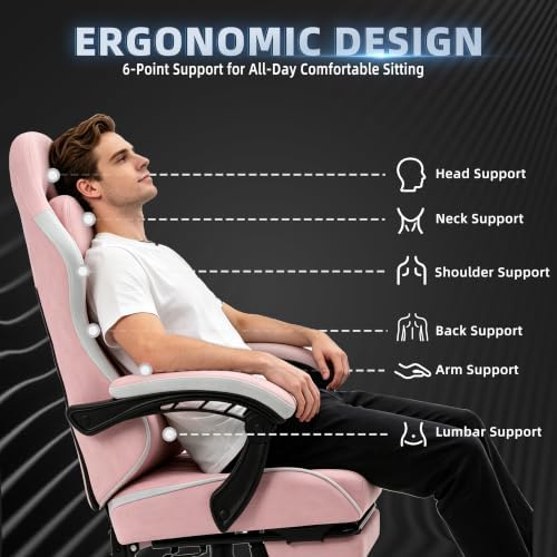 Gaming Chair for Adults, Fabric Gaming Chair with Footrest and Pocket Spring Cushion, Ergonomic Gamer Chair with Lumbar Support, Reclining Computer Gaming Chair with High Back, Pink