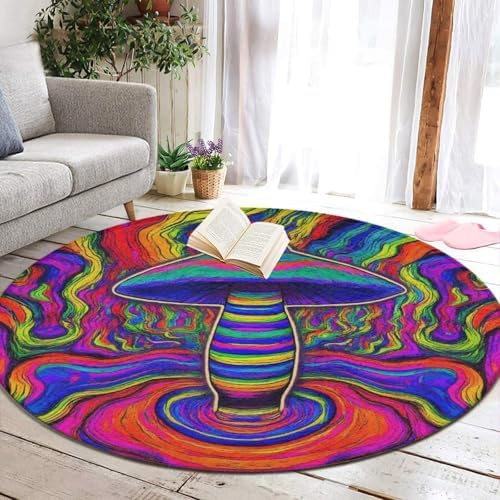 Machine Washable Modern Round Area Rug, Room Sofa Yoga Soft Round Carpet, Home Decor Non Slip Kitchen Office Circle Rug Trippy Mushroom Rainbow Tie Dye Art, 36inch
