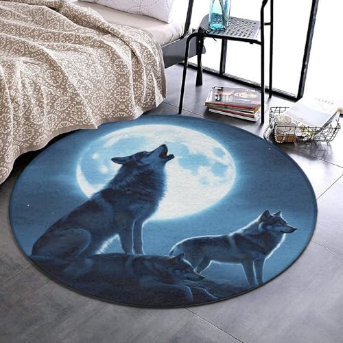 Large Machine Washable Circular Rugs, Home Decor Round Mat for Living Room Sofa Office Full Moon Howling Wolves