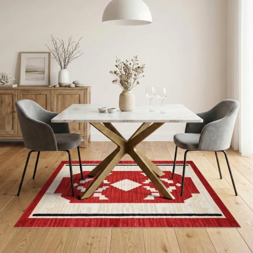 5'x7' Red Ivory Cat Crimson Boho Geometric Washable Area Rug
