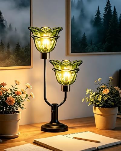 Lightdot Mid Century Modern Flower Green Table Lamp for Bedroom Dimmable