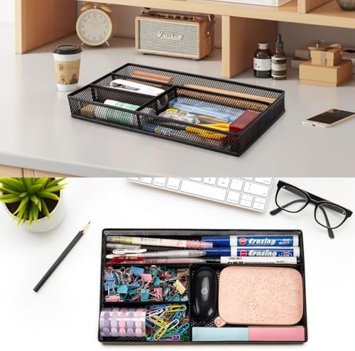 shenee Desk Drawer Organizer Tray,Drawer Organizer for Office and Home,Desk Organizer with Drawers,4 Compartments,Non-Slip Desk Organizers and Accessories for Stationery Makeup School (Black)