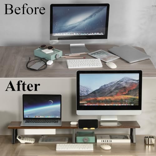 TEAMIX 42 inch Dual Monitor Stand with Storage Drawer & Phone Holder, Brown