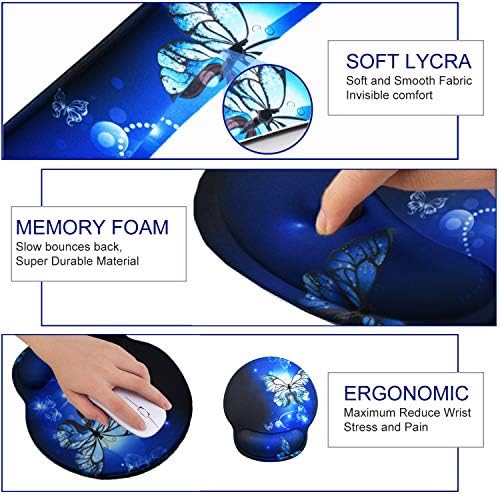 Mouse Pad Keyboard Wrist Rest, Gel Non Slip Rubber Wrist Support Rest Mouse Pad for Home Office, Computer, Laptop, Typist, Gamer, Soft Cushion Mousepad with Memory Foam Ergonomic, Blue Butterfly